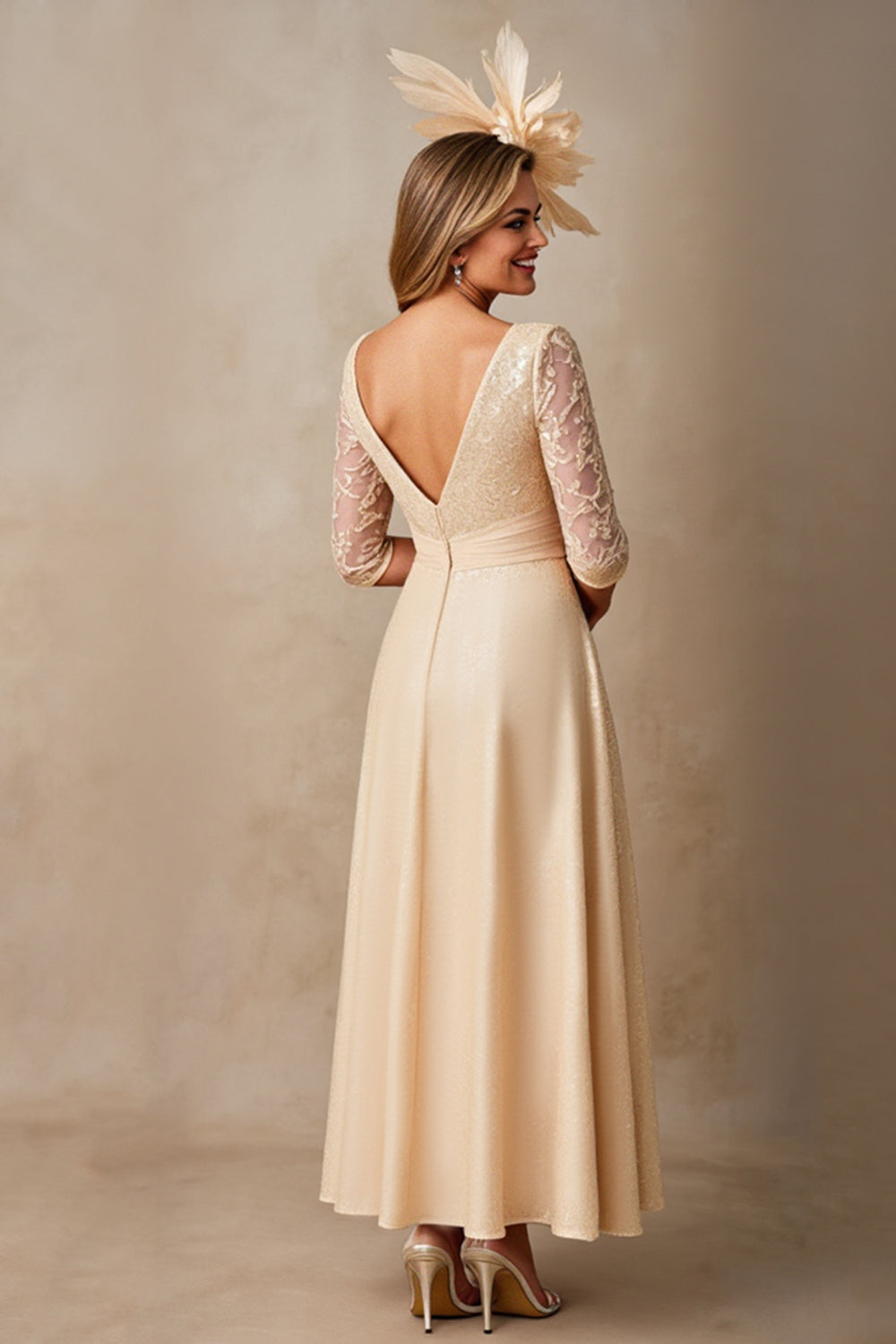 Champagne Chiffon A Line Applique Long Mother of the Bride Dress with 3/4 Sleeves