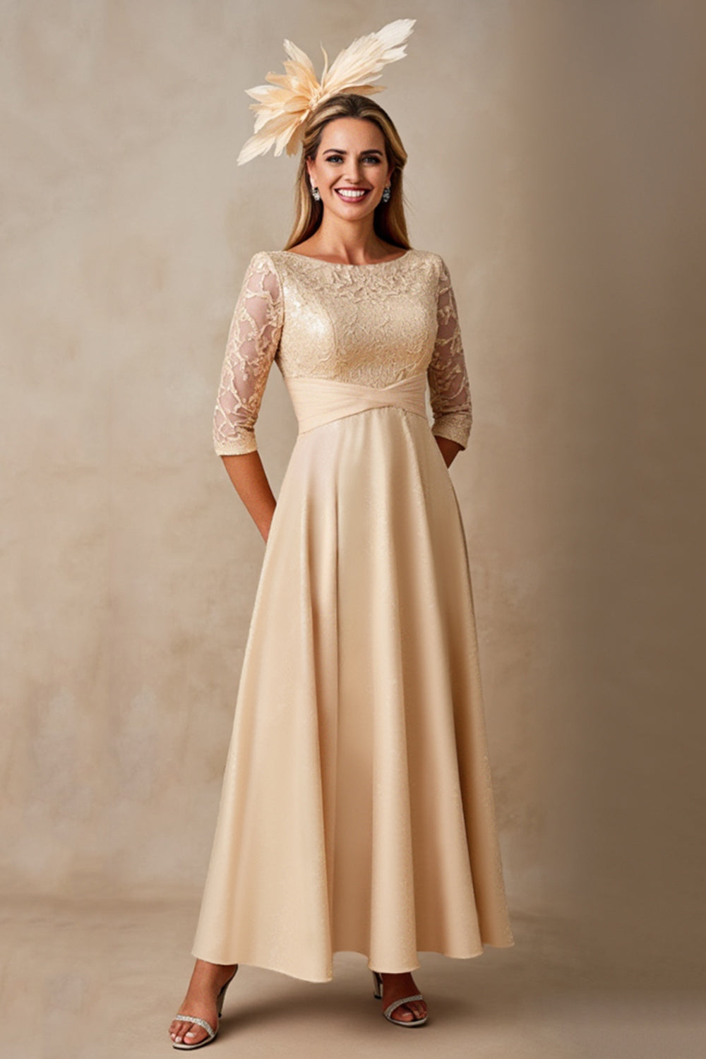 Champagne Chiffon A Line Applique Long Mother of the Bride Dress with 3/4 Sleeves