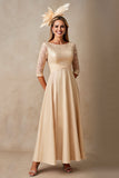 Champagne Chiffon A Line Applique Long Mother of the Bride Dress with 3/4 Sleeves