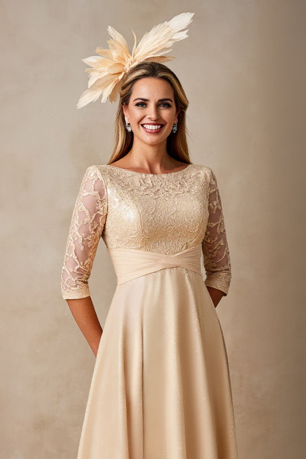 Champagne Chiffon A Line Applique Long Mother of the Bride Dress with 3/4 Sleeves
