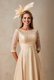 Champagne Chiffon A Line Applique Long Mother of the Bride Dress with 3/4 Sleeves