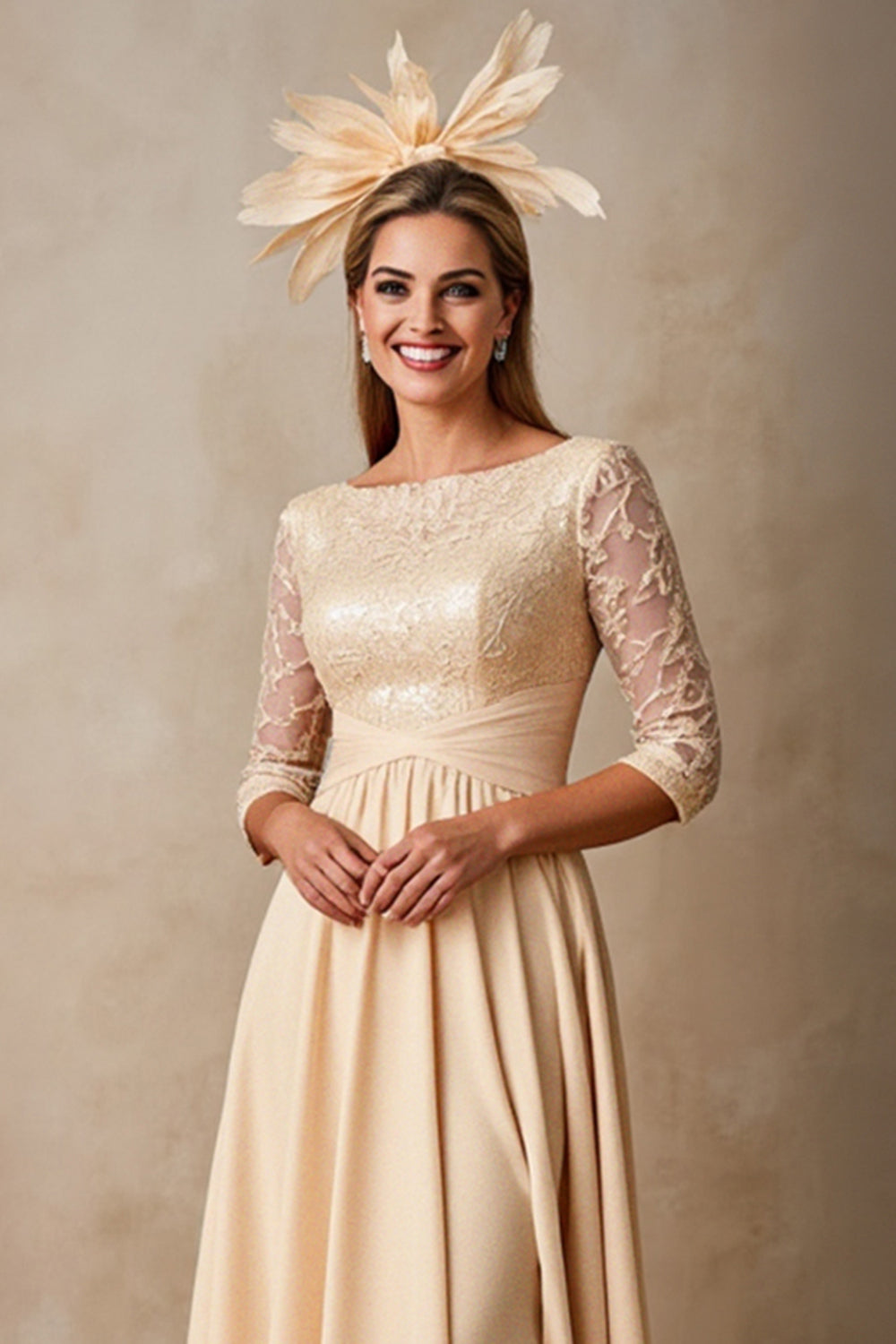 Champagne Chiffon A Line Applique Long Mother of the Bride Dress with 3/4 Sleeves