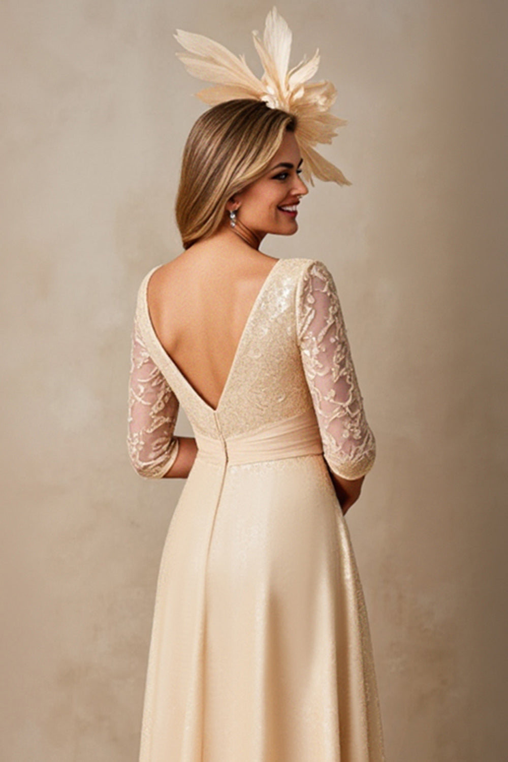 Champagne Chiffon A Line Applique Long Mother of the Bride Dress with 3/4 Sleeves