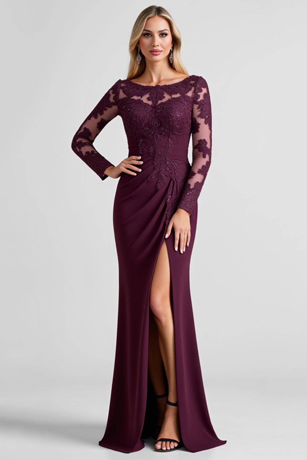 Grape Lace Appliqued Sheath Long Sleeves Mother of the Bride Dress with Slit