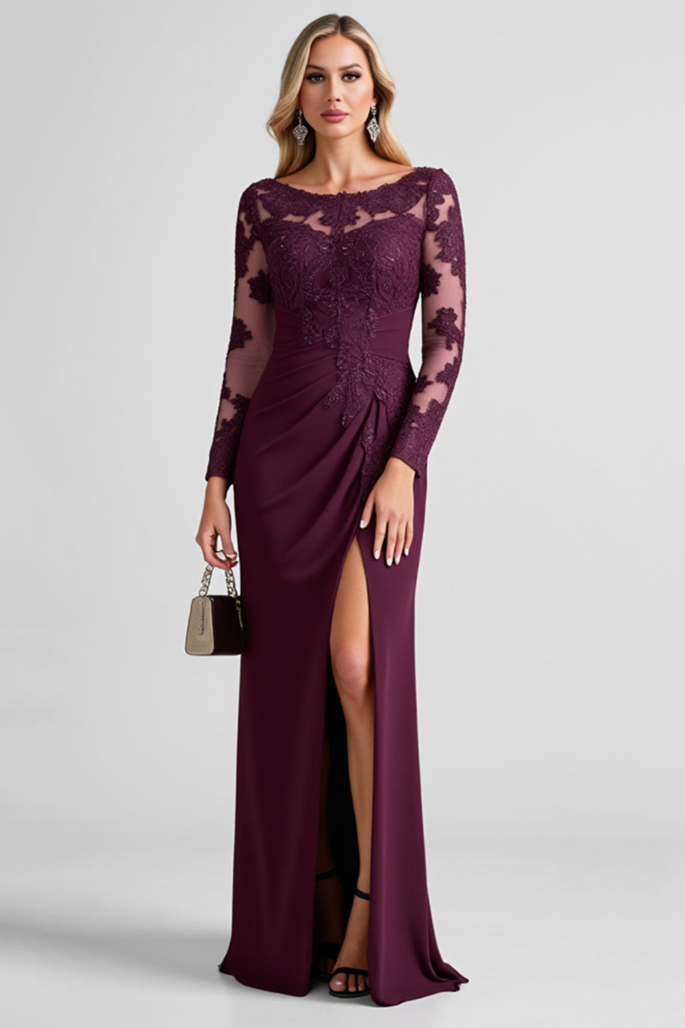 Grape Lace Appliqued Sheath Long Sleeves Mother of the Bride Dress with Slit