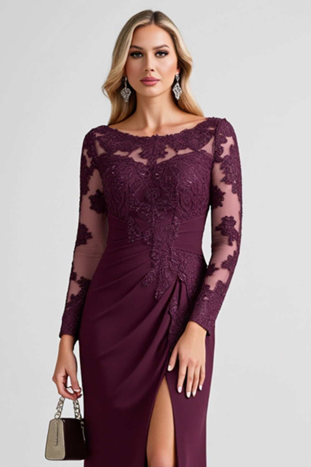 Grape Lace Appliqued Sheath Long Sleeves Mother of the Bride Dress with Slit