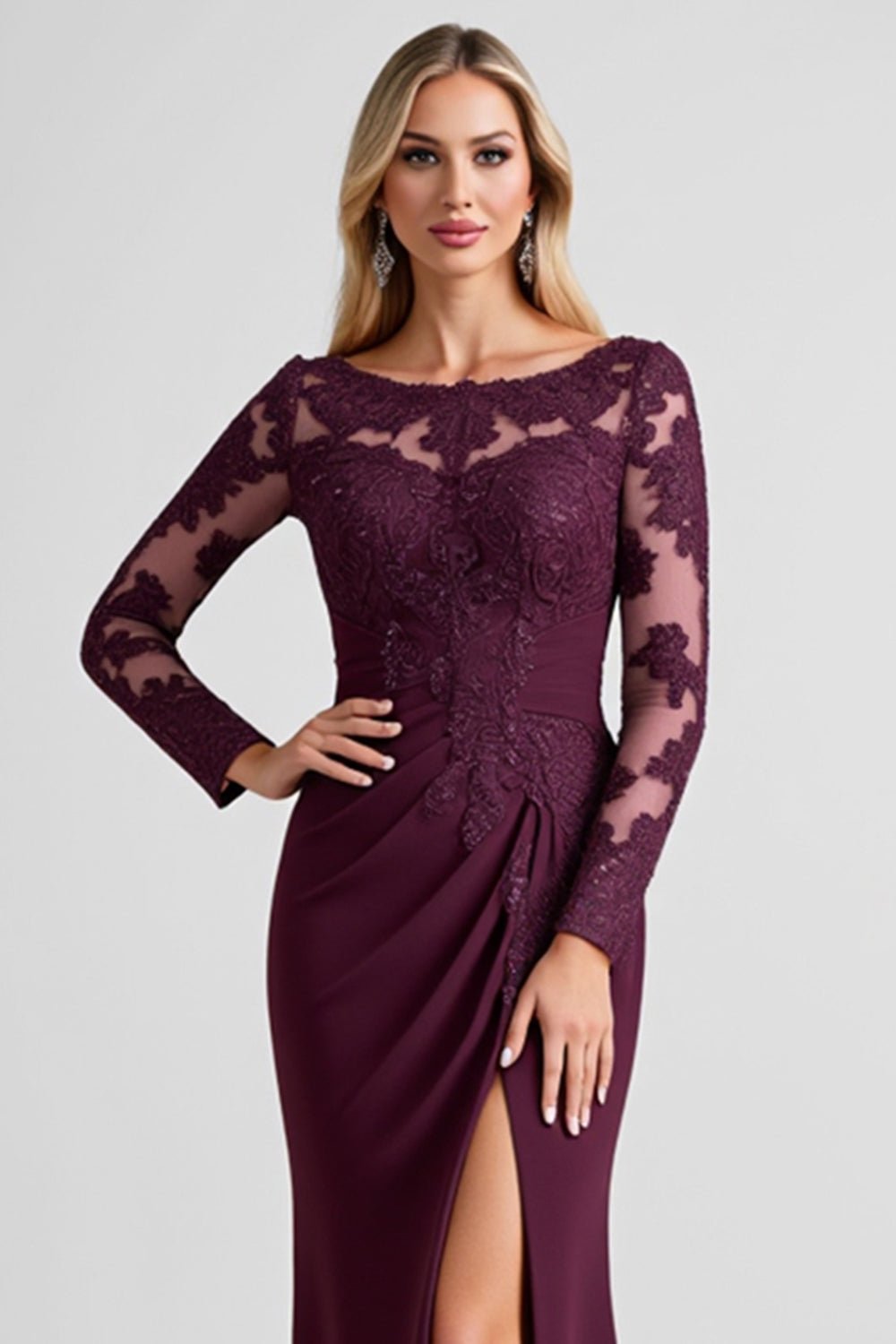 Grape Lace Appliqued Sheath Long Sleeves Mother of the Bride Dress with Slit