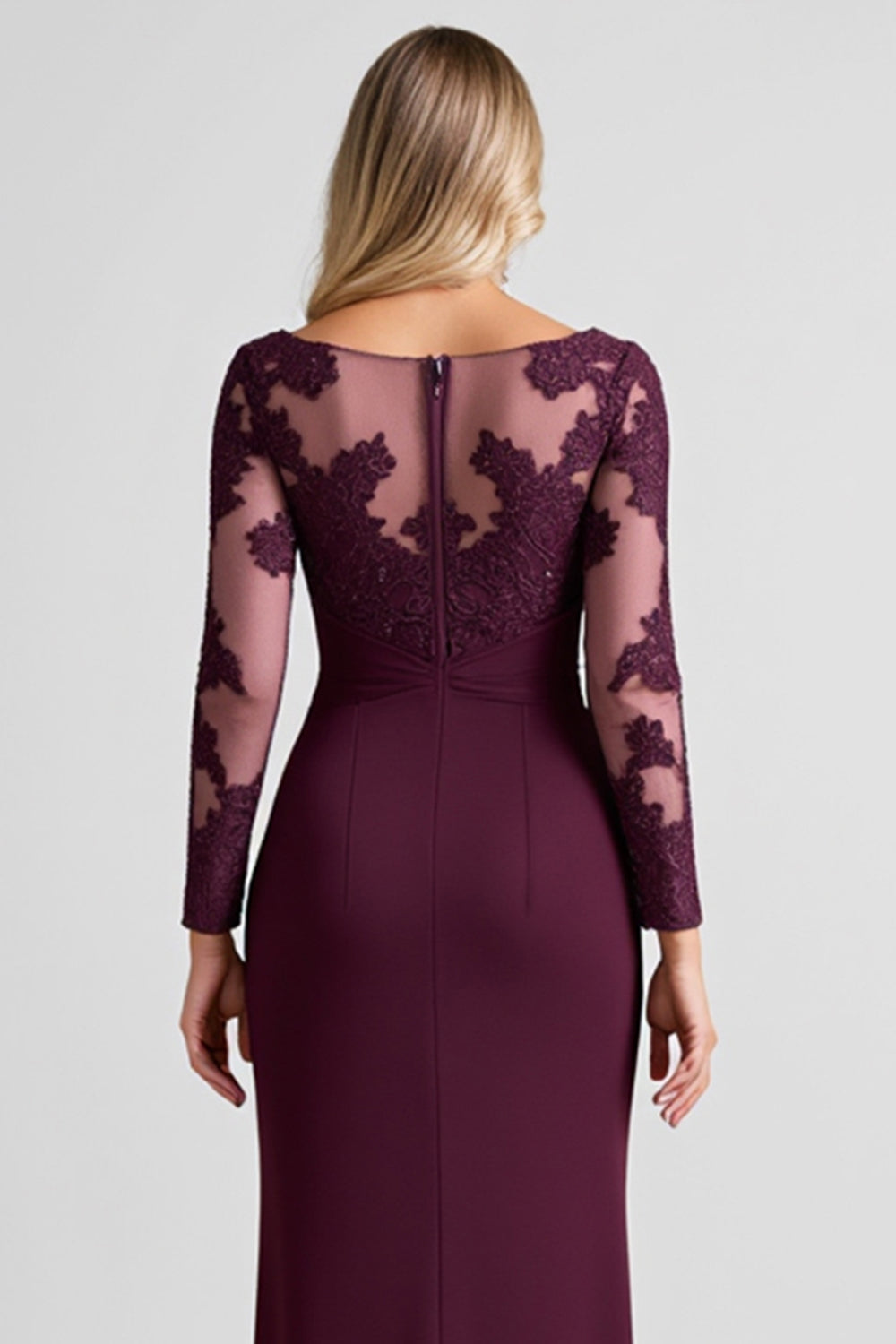 Grape Lace Appliqued Sheath Long Sleeves Mother of the Bride Dress with Slit