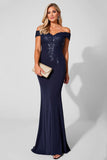 Navy Off the Shoulder Mermaid Long Mother of the Bride Dress with Appliques
