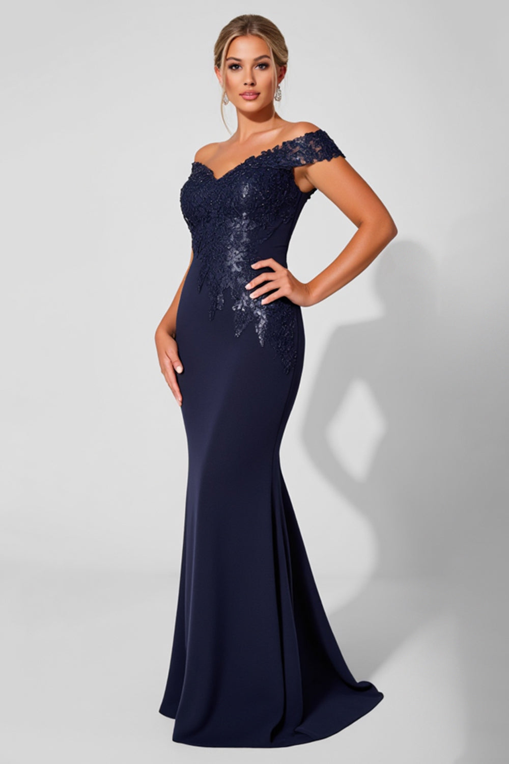 Navy Off the Shoulder Mermaid Long Mother of the Bride Dress with Appliques
