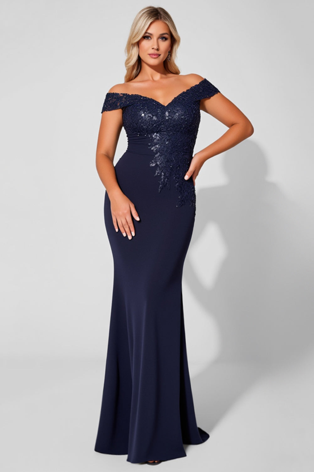 Navy Off the Shoulder Mermaid Long Mother of the Bride Dress with Appliques