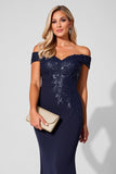 Navy Off the Shoulder Mermaid Long Mother of the Bride Dress with Appliques