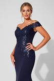 Navy Off the Shoulder Mermaid Long Mother of the Bride Dress with Appliques