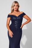 Navy Off the Shoulder Mermaid Long Mother of the Bride Dress with Appliques