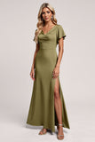 Olive Short Sleeves Sheath V Neck Long Bridesmaid Dress with Slit