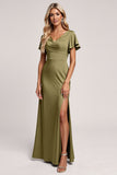 Olive Short Sleeves Sheath V Neck Long Bridesmaid Dress with Slit