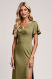 Olive Short Sleeves Sheath V Neck Long Bridesmaid Dress with Slit