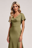Olive Short Sleeves Sheath V Neck Long Bridesmaid Dress with Slit