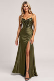 Sparkly Olive Sequin Sheath Long Bridesmaid Dress with Slit