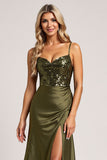 Sparkly Olive Sequin Sheath Long Bridesmaid Dress with Slit