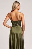 Sparkly Olive Sequin Sheath Long Bridesmaid Dress with Slit