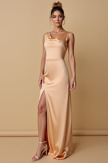 Champagne Satin Cowl Neck Long Bridesmaid Dress with Slit