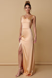 Champagne Satin Cowl Neck Long Bridesmaid Dress with Slit