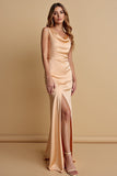 Champagne Satin Cowl Neck Long Bridesmaid Dress with Slit