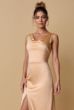 Champagne Satin Cowl Neck Long Bridesmaid Dress with Slit