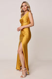 One Shoulder Sheath Gold Satin Long Bridesmaid Dress with Slit
