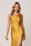 One Shoulder Sheath Gold Satin Long Bridesmaid Dress with Slit