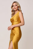 One Shoulder Sheath Gold Satin Long Bridesmaid Dress with Slit