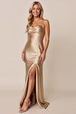 Gold Sheath Cowl Neck Satin Long Bridesmaid Dress with Slit