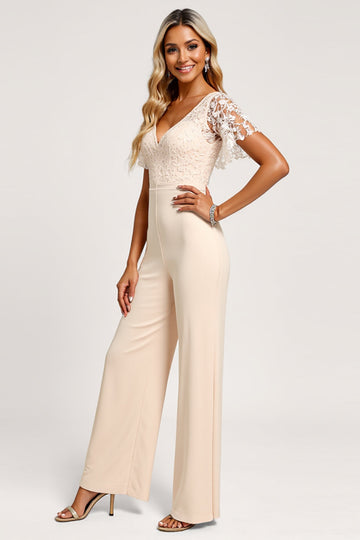 Apricot V-Neck Chiffon Bridesmaid Jumpsuit with Lace