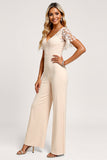 Apricot V-Neck Chiffon Bridesmaid Jumpsuit with Lace