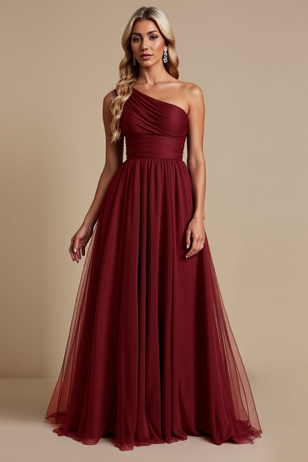 One Shoulder Tulle Cabernet A Line Long Bridesmaid Dress