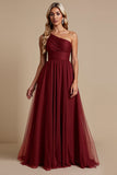 One Shoulder Tulle Cabernet A Line Long Bridesmaid Dress