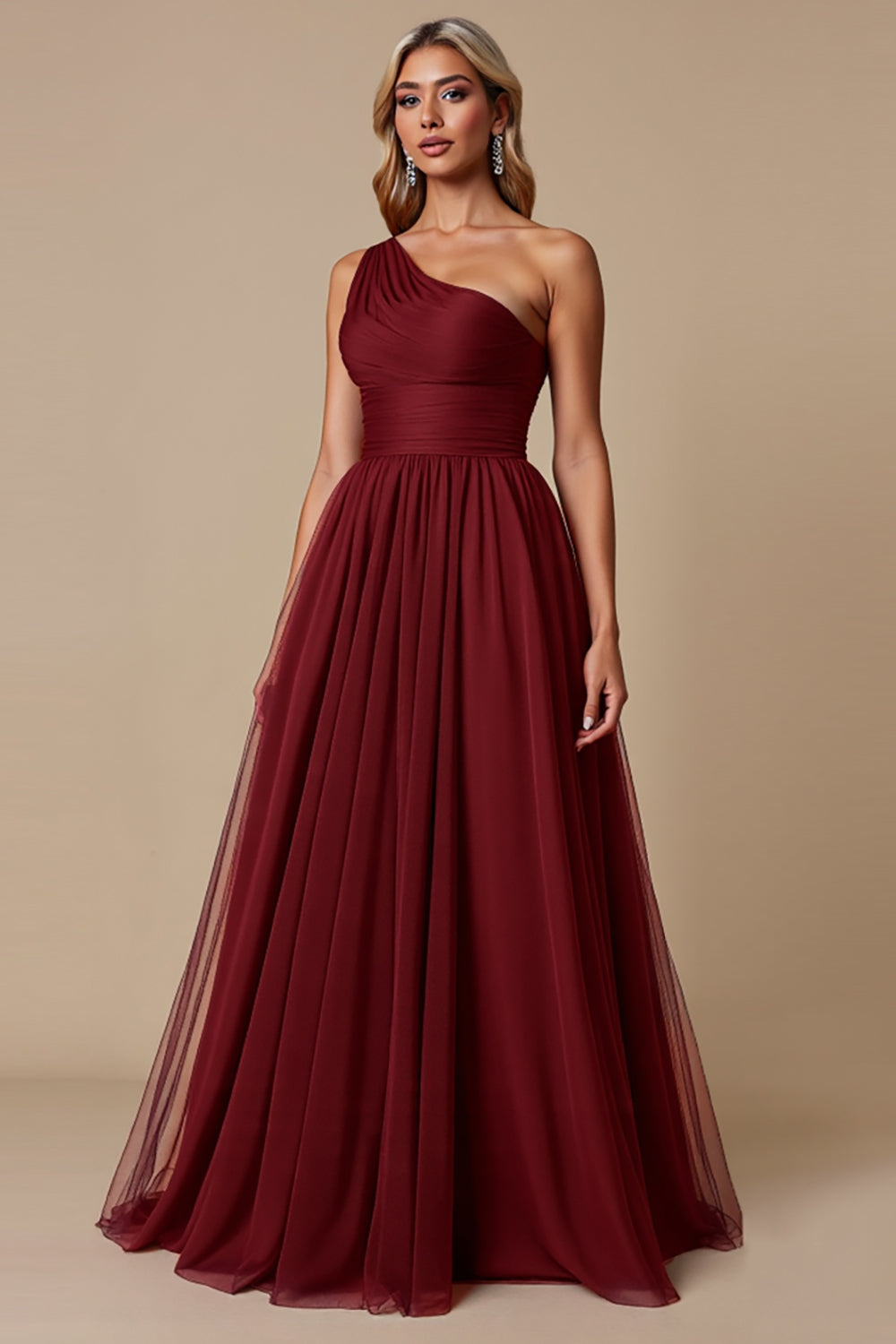 One Shoulder Tulle Cabernet A Line Long Bridesmaid Dress