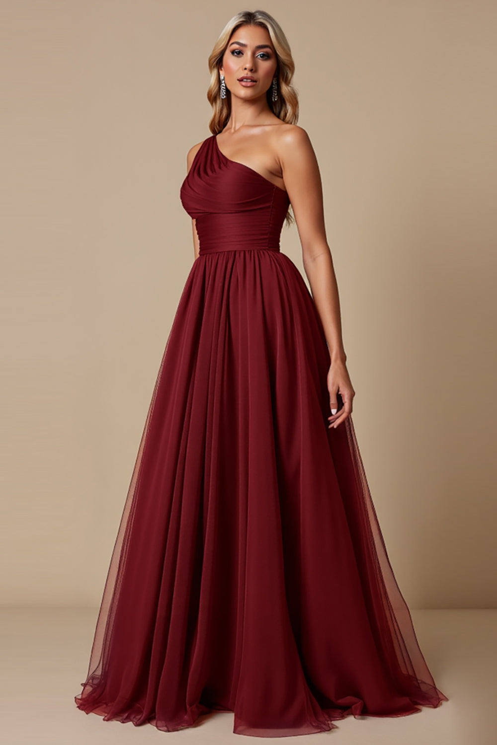 One Shoulder Tulle Cabernet A Line Long Bridesmaid Dress