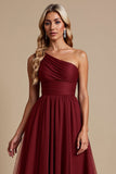 One Shoulder Tulle Cabernet A Line Long Bridesmaid Dress