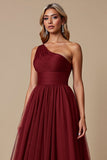 One Shoulder Tulle Cabernet A Line Long Bridesmaid Dress