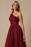One Shoulder Tulle Cabernet A Line Long Bridesmaid Dress