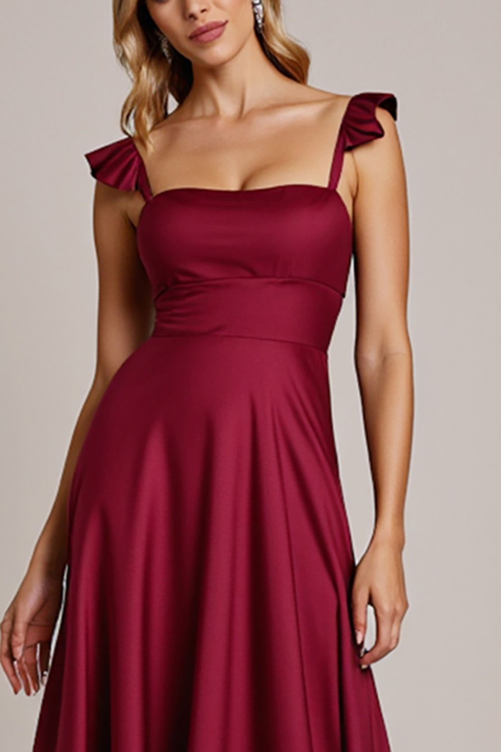 Simple Burgundy Satin Ruffled A Line Long Bridesmaid Dress