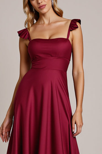 Simple Burgundy Satin Ruffled A Line Long Bridesmaid Dress