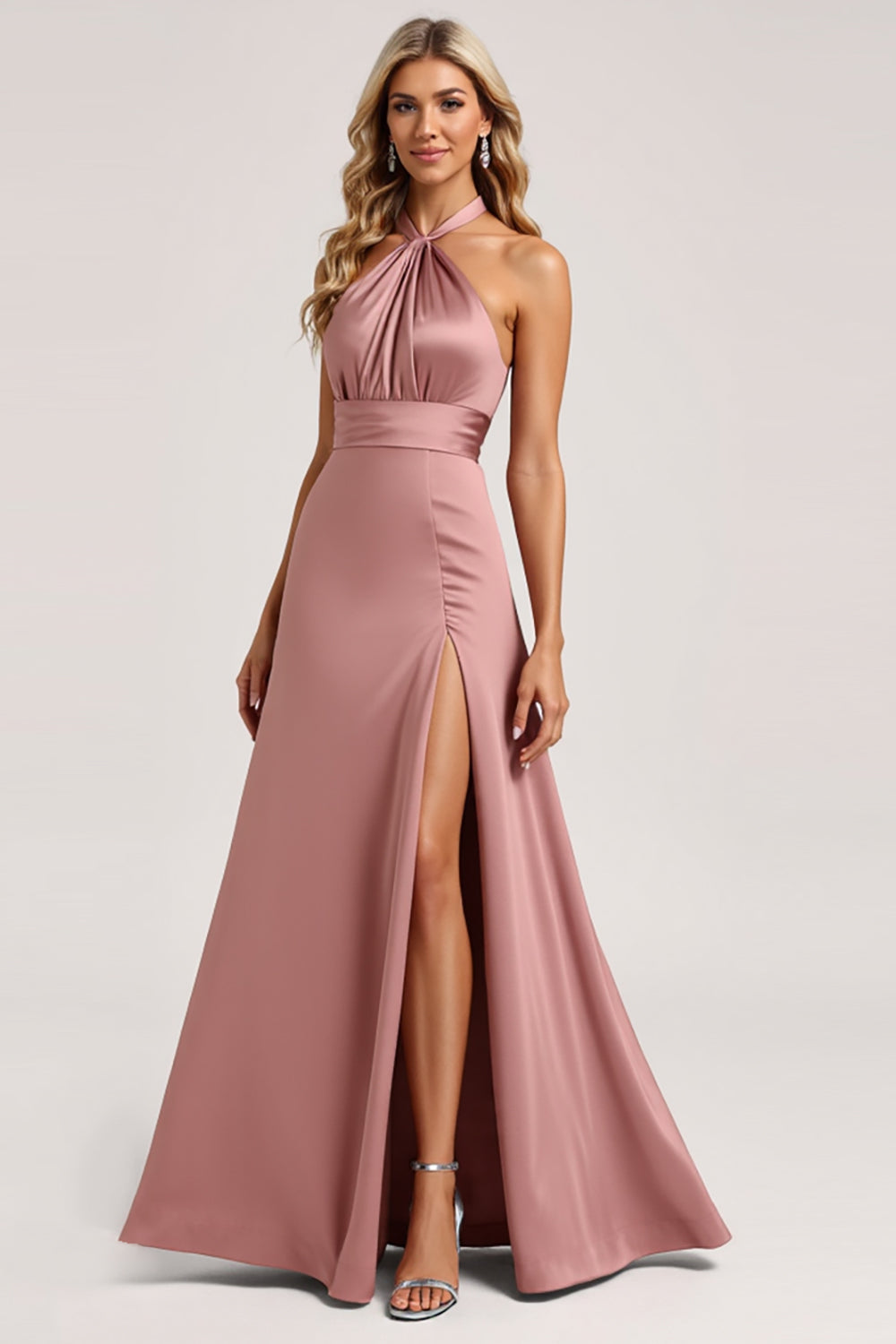 Halter Dusty Rose Sheath Satin Long Bridesmaid Dress with Slit