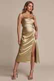 Gold Spaghetti Straps Satin Long Bridesmaid Dress with Slit