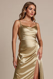 Gold Spaghetti Straps Satin Long Bridesmaid Dress with Slit