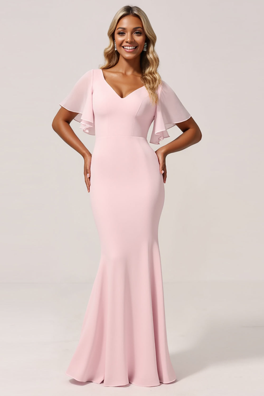 Mermaid Chiffon V-Neck Candy Pink Long Bridesmaid Dress with Sleeves
