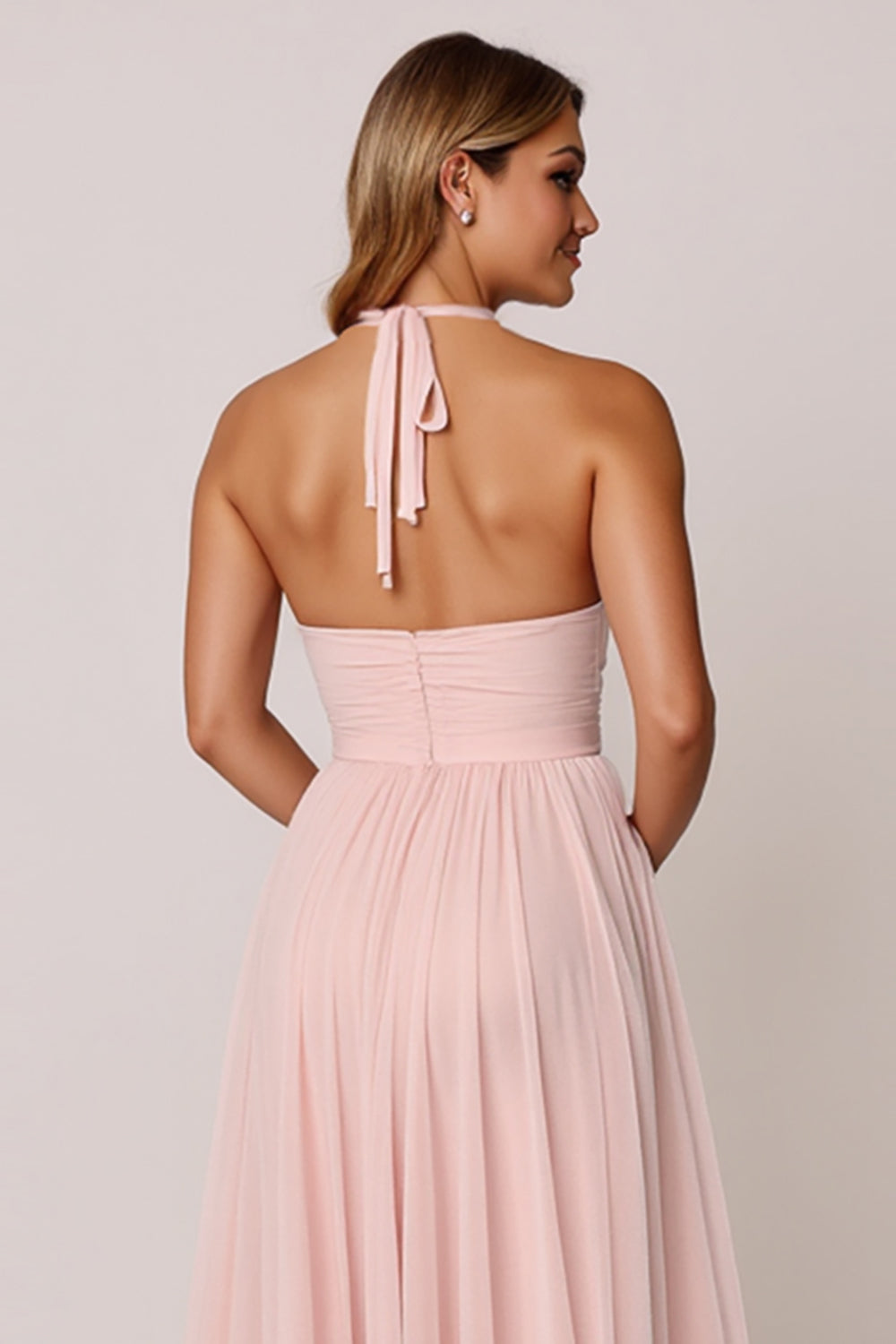 Halter Candy Pink A Line Sleeveless Long Bridesmaid Dress