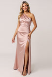 One Shoulder Dusty Rose Sheath Satin Long Bridesmaid Dress